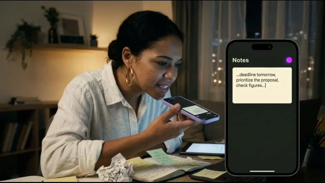 Maya at her desk near midnight, speaking a note into her phone.